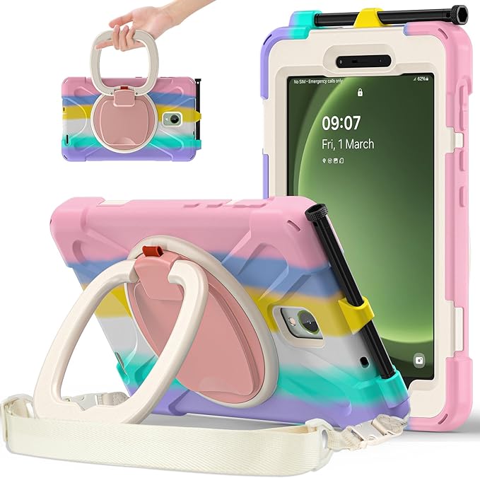 Rugged Case for Samsung Galaxy Tab Active5 5G (SM-X306B/X300) w/ 360° Rotating Hanging Ring Handle Grip Kickstand Heavy Duty Shock-Proof Armor Cover w/Shoulder Strap Stylus Holder (Macaron)