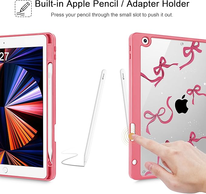 May Chen for iPad 9th Generation with Pencil Holder iPad 8th/7th Gen Case 10.2-inch [Penceil Holder] Trifold Stand Auto Wake/Sleep Clear TPU Protection Back Cover Watermelon red Bow