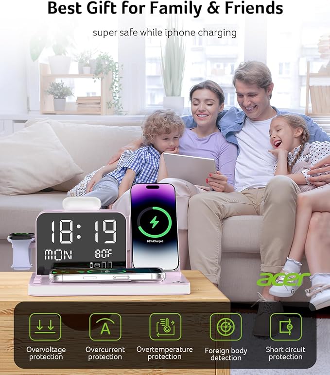 Acer 7-in-1 Wireless Charging Station with LED Clock - 30W Fast Wireless Charger for iPhone 16/15/14/13/12/Pro Max Apple Watch AirPods - Bluetooth Auto Time Sync &amp Night Lights (Purple)