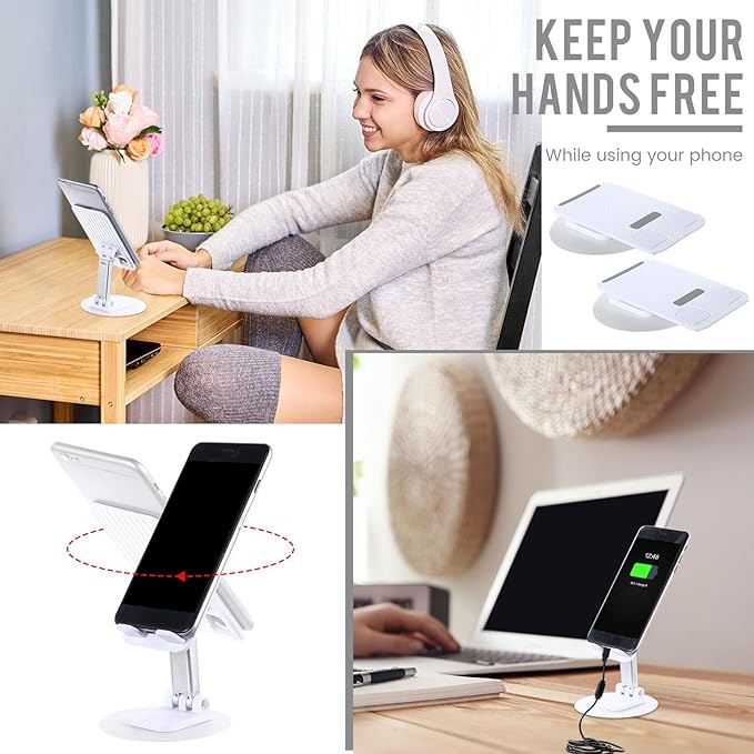 Geelin 12 Pieces 360 White Rotating Phone Stand Desktop Fully Adjustable Foldable Phone Holder with Anti-Slip Pad Lightweight Aluminum Base Tablet Stand for All Phones