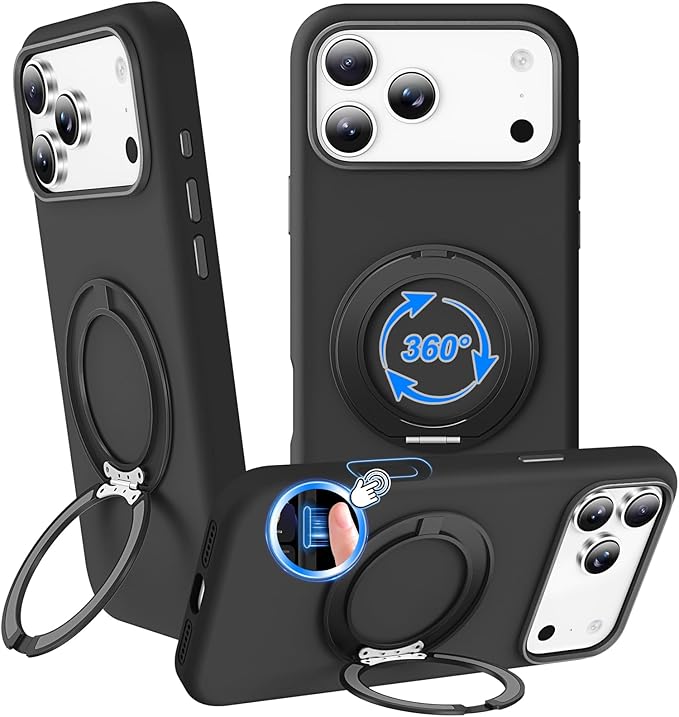 STERKER 360° Rotatable Stand Compatible with iPhone 17 Pro Case with Magnetic [Military Grade Drop Tested][Adjustable Kickstand] Ring Holder Silicone Slim Back Soft Edge Black