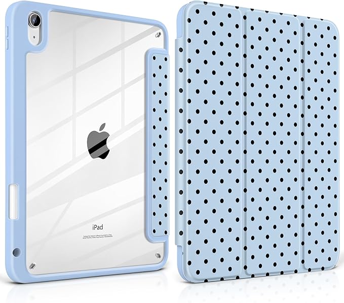 Case for iPad A16 11th Generation 11 inch 2025 iPad 10th Generation 10.9 inch 2022 -[Built-in Pencil Holder] Shockproof Clear Hard Back Trifold Stand Auto Wake/Sleep Blue Polka dot