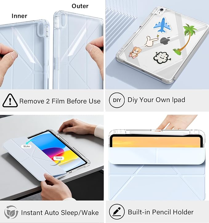 JKSML Case for iPad (A16) 11th/10th Gen with 8+ Viewing Angles DIY Detachable Sliding Cover Fully Clear Hard Back Shell Solid Y-fold Stand Pencil Holder for iPad 10.9 (2022)/ 11 (2025)-Blue-1