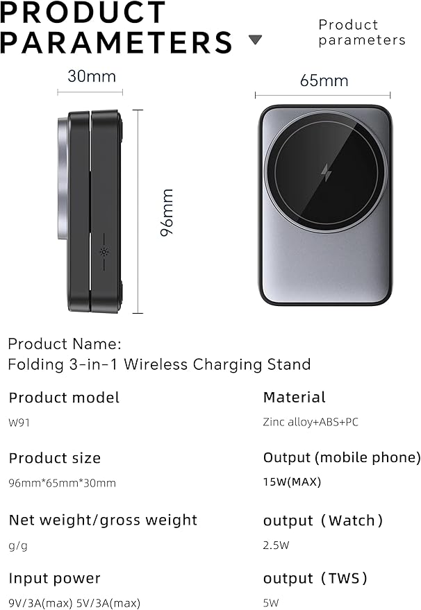 MALOM W91 3-in-1 Multifunctional Wireless Magnetic Charger for iPhone Apple Watch AirPods Foldable Nightlight (Black)