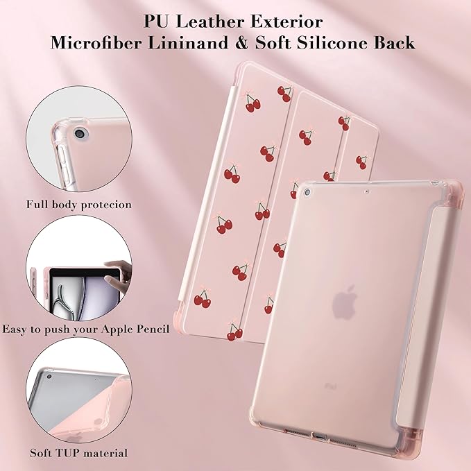 Idocolors Cute Kawaii Bow Cherries Pad Case for 10.5 Inch iPad Pro(2017)/iPad Air 3 Clear TPU Smart Stand Back Cover with Pencil Holder Auto Wake/Sleep Foldable Protective Case for Women Girls