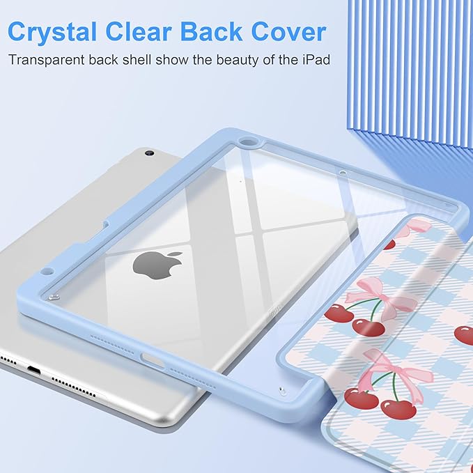 DONGKE for iPad 9th/8th/7th Generation Case 10.2 Inch (2021/2020/2019) [Auto Sleep/Wake &amp Pencil Holder] Clear Acrylic Back Trifold Stand Cover Blue Cherry