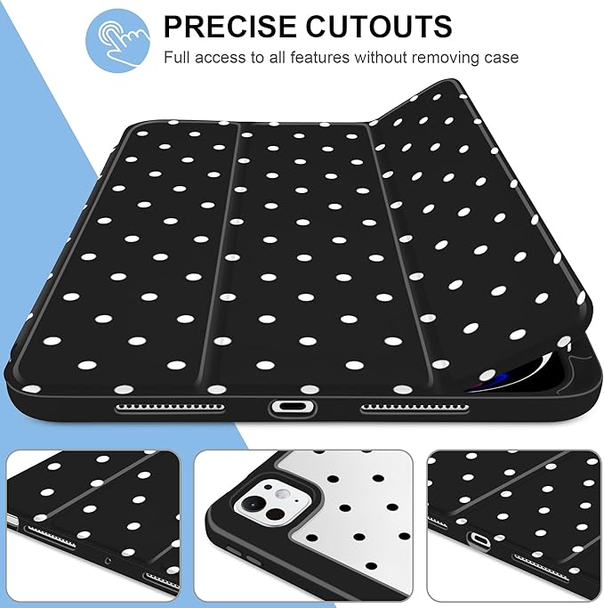 MecBevia Case for iPad Pro 11 inch M5 2025 / M4 2024 (6th/5th Gen) A3357 A3358 A3359 A2836 A2837 A3006 – Built-in Pencil Holder &amp Auto Wake/Sleep Polka Dot