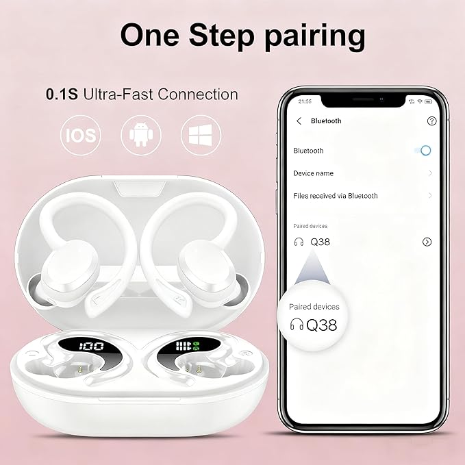 sprtoybat Wireless Earbuds 2026 New Bluetooth 5.4 Headphones Sport Earphones with 68Hrs Playtime LED Display ENC Noise Cancelling Mic IPX7 Waterproof Over Ear Ear Buds with Hook for Sports/Running