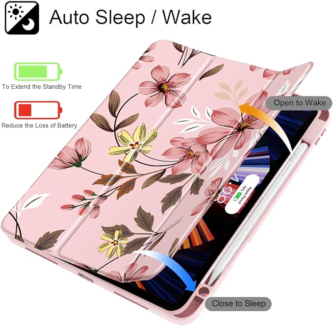 Mektron Case for M5/ M4 iPad Pro 11 inch 2025/2024 with Pencil Holder Compatible Models: A3357/A3358/A3359/A2836/A2837/A3006 Shockproof Cover Clear Shell Floral C293
