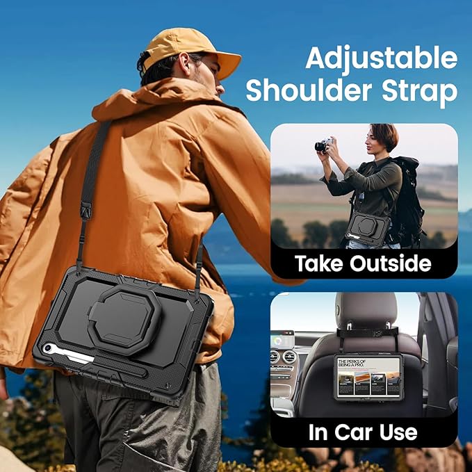 HXCASEAC Case for Galaxy Tab S10 lite / S10 FE / S9 FE 10.9 Inch Shockproof | 360° Rotating Stand | S Pen Holder | Screen Protector | Shoulder Strap | Samaung S10 Lite Tablet Case Kids Black
