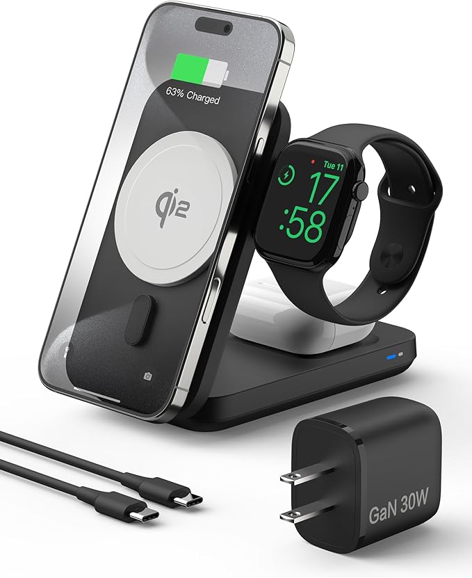 3 in 1 Wireless Charging Station for iPhone 17-12 Series Foldable 15W Wireless Charger Compatible with iWatch 5-10 AirPods (with 30w Adapter)