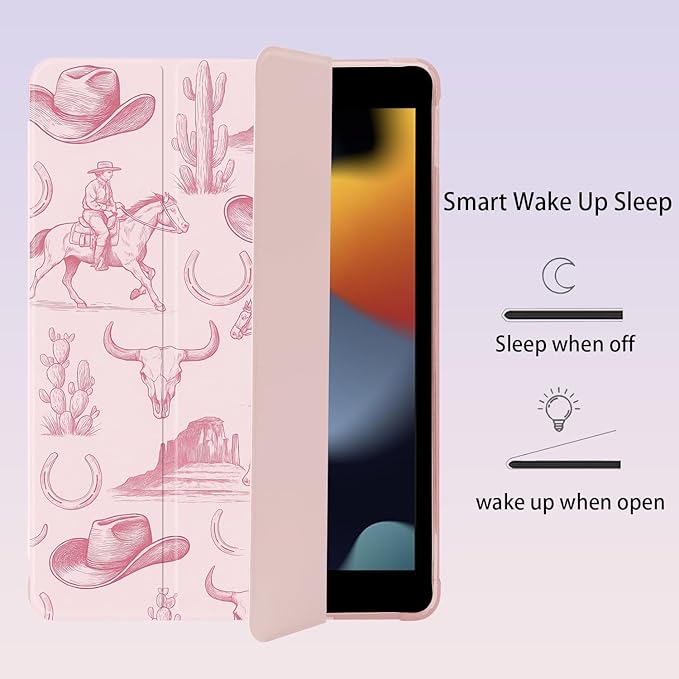 Western Cowboy for iPad mini 7 A17 Pro 2024/iPad Mini 6 Case with Pencil Holder Auto Sleep/Wake Pink Leather Soft TPU Back Cover