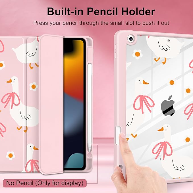 MEEgoodo Case for iPad 10.2 inchTablet Cases for iPad 9th Generation 2021/8th Gen 2020/7th Gen 2019 with Clear Acrylic Back Shell+Pencil Holder+Auto Wake/Sleep+Trifold StandGoose Farm &amp Bows