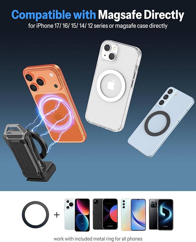 OMOTON TP02-Pro Magnetic Phone Holder for Vlogging Content Creator Essentials with 1/4 Screw Arca Strong Back Magnet for Gym Adjustable Phone Stand &amp Selfie Stick for iPhone 12-17 Series Bla