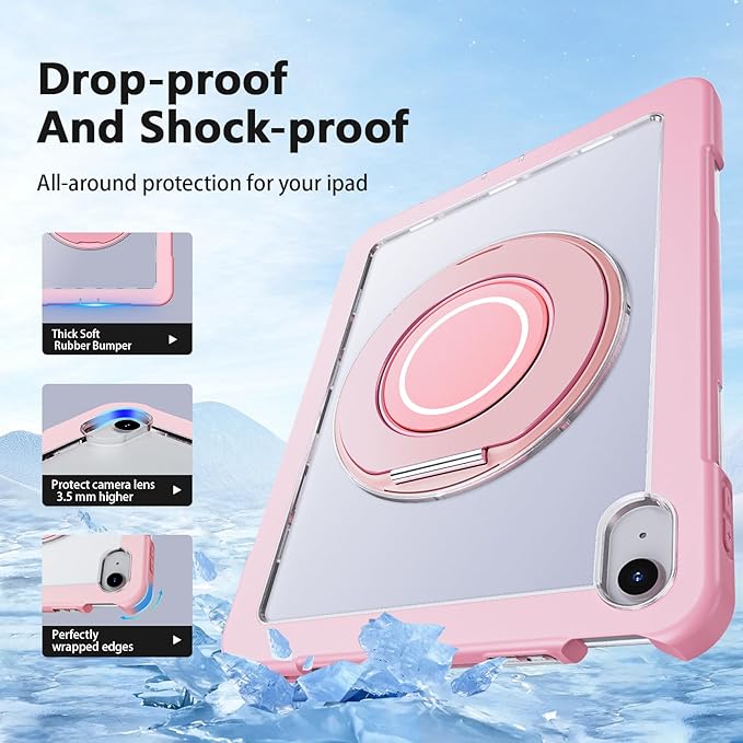Case for iPad (A16) 11th /10th Generation 11 Inch 2025/10.9 inch 2022with Screen Protector360 Rotating Metal StandClear BackHeavy Duty Shockproof for Kids Case Pink