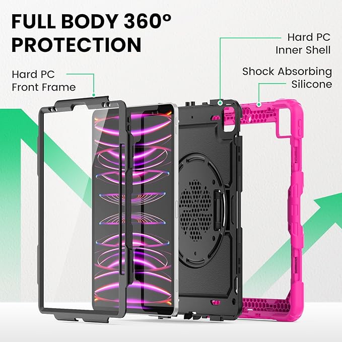 SEYMAC Kids Case for iPad Pro 12.9 2022/2021/ 2020/2018 Heavy Duty Protection Shockproof Case with Screen Protector 360° Rotating Stand/Handle/Shoulder Strap Supports Pencil 2 Charging Pink