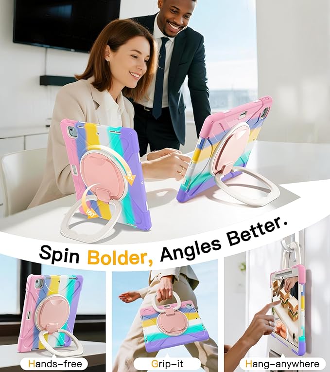 BRAECN for iPad Air 13 Inch Case M4 2026/M3 2025/M2 2024 &amp iPad Pro 12.9 Case (6th/5th4th/3rd Gen) Heavy Duty Silicone Cover with 360° Swivel Kickstand Shoulder Strap Pencil Holder Colorful Pi