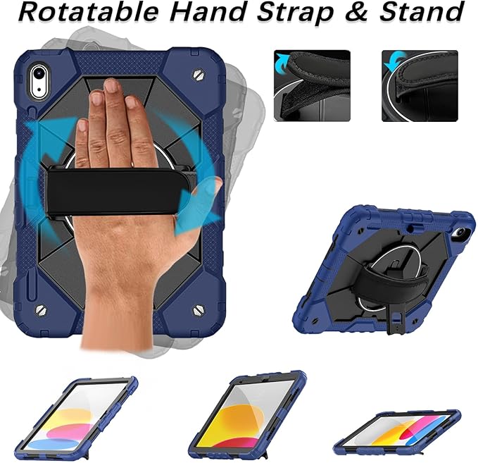 Weuiean Case for iPad A16 11th/10th Generation 11/10.9 Military-Grade Heavy-Duty Shockproof Cover with 360° Rotating Stand Built-in Pencil Holder &amp Adjustable Hand/Shoulder Strap - Black+Navyb