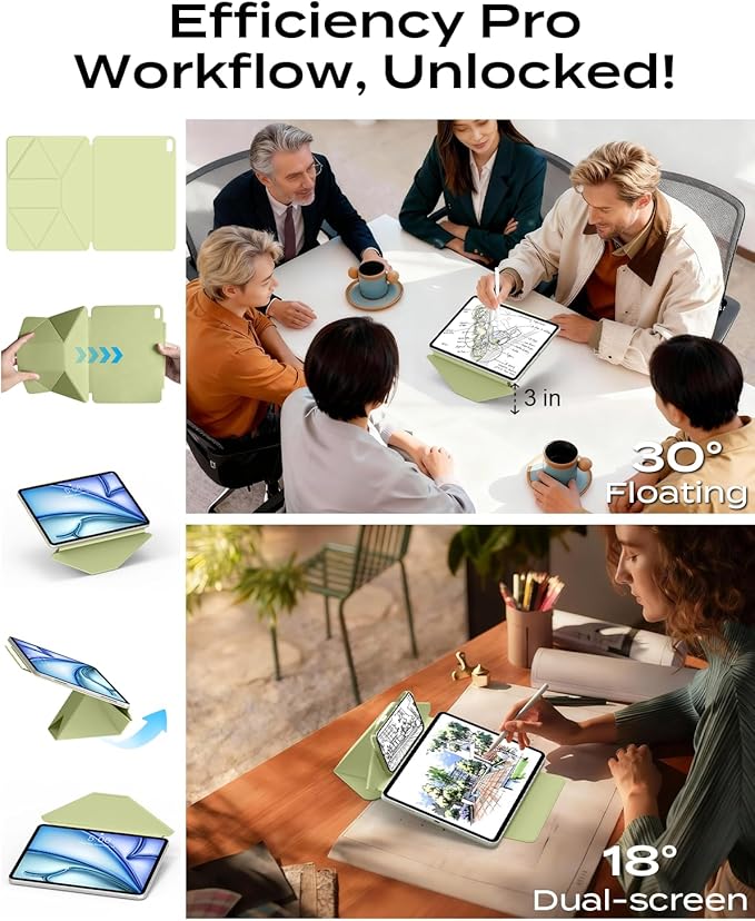 JKSML Dynamic Folio Case for iPad Air M4/M3/M2 11 &amp Air 4th/5th Gen 10.9 Detachable Pencil Holder 20+ Multi-Angle Origami Cover Slim &amp Ergonomic &amp Powerful Magnetic - Green