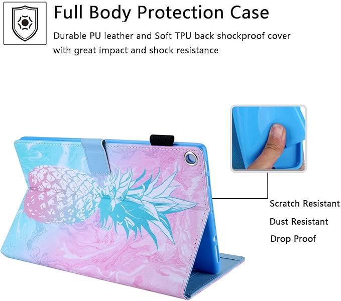 Case for Amazon Kindle Fire HD 10 Tablet 9th/7th Generation 2019 and 2017 with Stylus Holder Card Slots [Auto Sleep/Wake] Smart Stand PU Leather TPU Magnetic Folio Cover Pink Pineapple