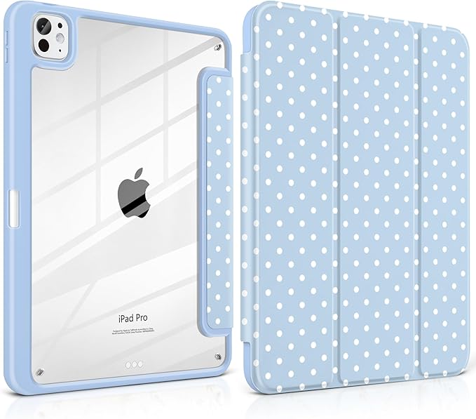 Case for iPad Pro 11 Inch (M5 2025 M4 2024) – [Built-in Pencil Holder] Shockproof &amp Stylish Clear Hard Back + Soft TPU Edge Magnetic Trifold Stand Auto Wake/Sleep Blue White dot