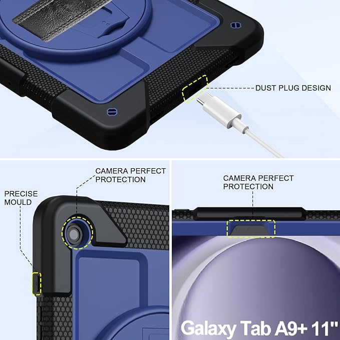BMOUO for Samsung Galaxy Tab A9+ Plus Case 11 2023 (SM-X210/X216/X218) Shockproof Galaxy Tab A9 Plus Case with Rotating Stand and Hand/Shoulder Strap Navy Blue and Black