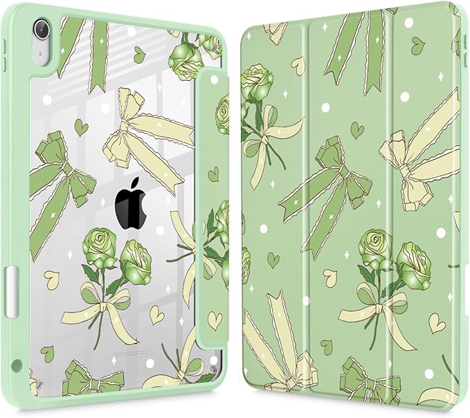 Tuiklol Case for iPad 11 inch (A16 Chip) 2025 Gen 11th / iPad 10.9 inch 2022 10th Gen Buit in Pencil Holder with Shockproof Cover Clear Transparent Back Shell Auto Wake/SleepBow &amp Rose Green