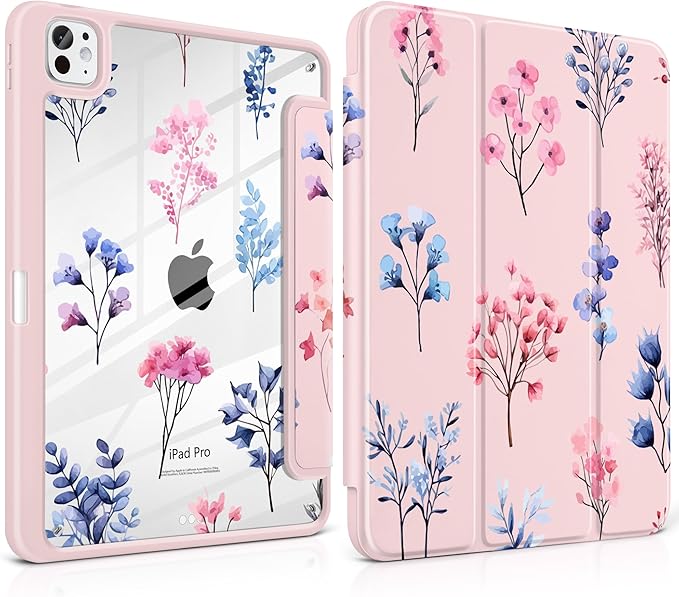 Case for iPad Pro 13 inch (M5) 2025 (M4) 2024 Release Slim Lightweight Cute Light Pink Cover with Clear Back TPU Edge Pencil Holder Trifold Stand Hand-Drawn Florals