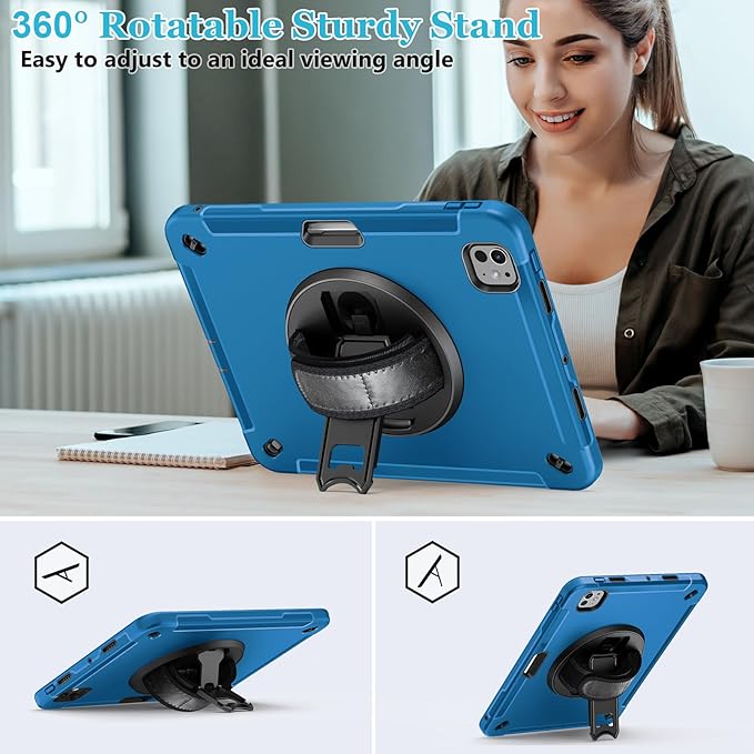 Case for iPad Pro 11 M5 2025/ M4 2024: Protective Cover for iPad Pro 11 Inch 5th Generation with Screen Protector- Stand- Handle- Shoulder Strap- Pencil Holder- Blue