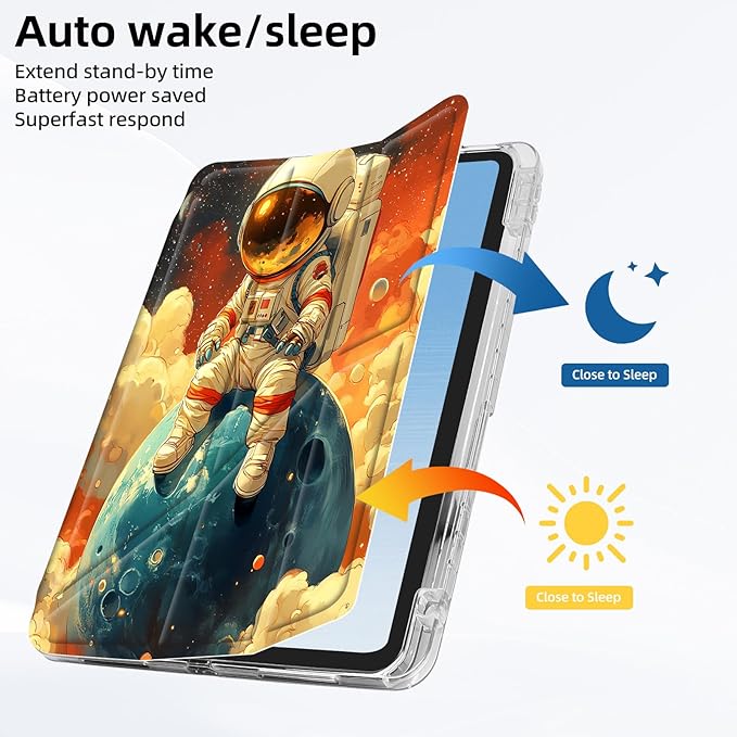for iPad A16 (11th Generation) Case with Pencil Holder Foldable Y-Shaped Protective Cover Stylish Clear Multi-Angle Viewing &amp Auto Sleep/Wake Astronaut on Planet Tablet Case