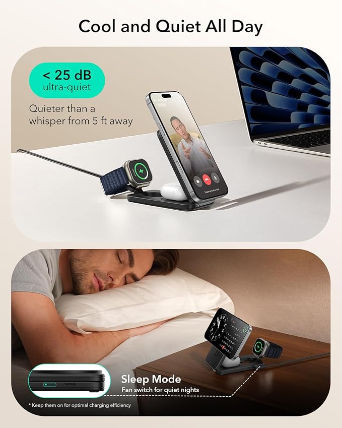 ESR 3 in 1 Charging Station for Apple Qi2.2 25W MagSafe Charger with CryoBoost Phone-Cooling Wireless Charging Station Foldable for iPhone 17/16 with iOS 26(50W Adapter) AirPods Apple WatchBlack