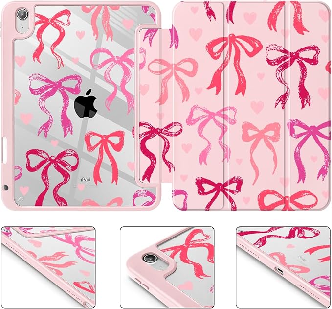 May Chen for iPad Air 11-inch M4/M3/M2 (2026/2025/2024) iPad Air 5th/4th 10.9 Inch - Shockproof Cover with Clear Back Shell &amp Penceil Holder Auto Wake/Sleep Stand Cover Bow Ribbon