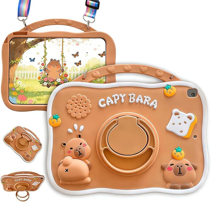 Capybara Kids Case for iPad 9th Gen(2021) / 8th Gen(2020) / 7th Gen(2019) 10.2 Inch3D Cute Silicone Cartoon Cover for Boys with Rotating Stand Adjustable Strap- Beige