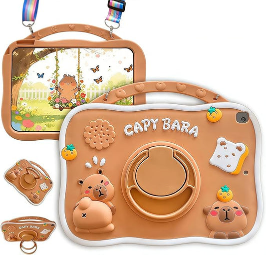 Capybara Kids Case for iPad 9th Gen(2021) / 8th Gen(2020) / 7th Gen(2019) 10.2 Inch3D Cute Silicone Cartoon Cover for Boys with Rotating Stand Adjustable Strap- Beige