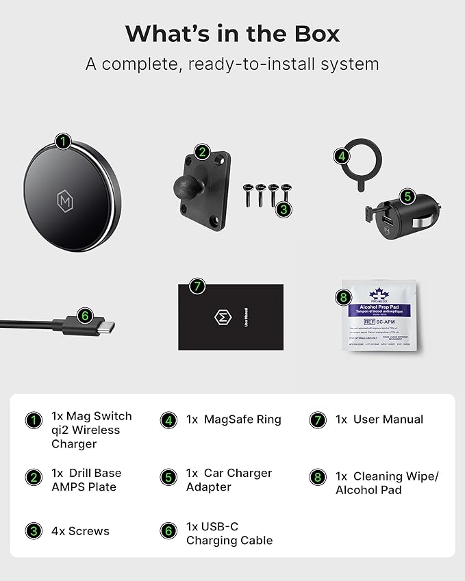 MagSwitch Qi2 Magsafe Car Mount Charger - Magnetic Cell Phone Holder with AMPS Plate Mount 15W Fast Charger with a Built in On/Off Switch for Charging Compatible with iPhone &amp Samsung