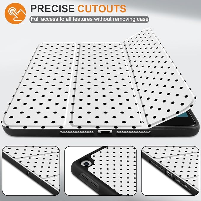 MEEgoodo Case for iPad 10.2 inch Case for iPad 9th Generation 2021/8th Generation 2020/7th Gen 2019 Tablet Cover with Trifold Stand+Pencil Holder+Auto Wake/Sleep+Soft TPU Back CoverBlack Polka Dot