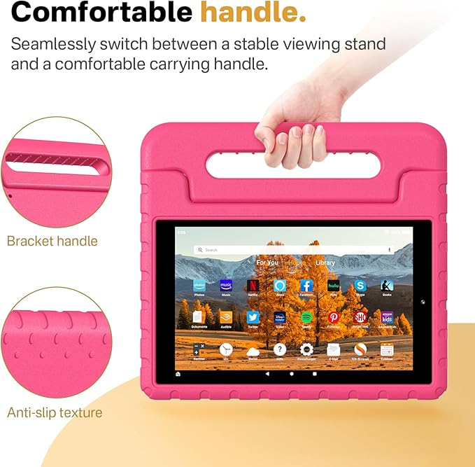 Kids Case for Amazon Kindle Fire HD 10 5th/7th/9th Generation 2015/2017/2019 Released Shockproof Protective Tablet Cases with Adjustable Handle Stand Rosered