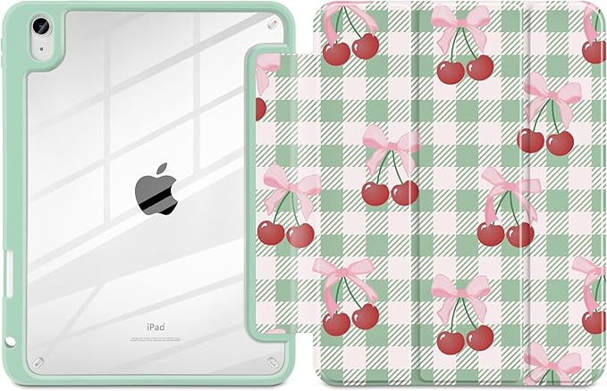DONGKE Case for iPad (A16) 11th Generation 11 inch 2025 &amp iPad 10th Gen 10.9 inch 2022 [Built-in Pencil Holder] Clear Acrylic Back Trifold Stand Smart Cover Auto Sleep/Wake Green Cherry