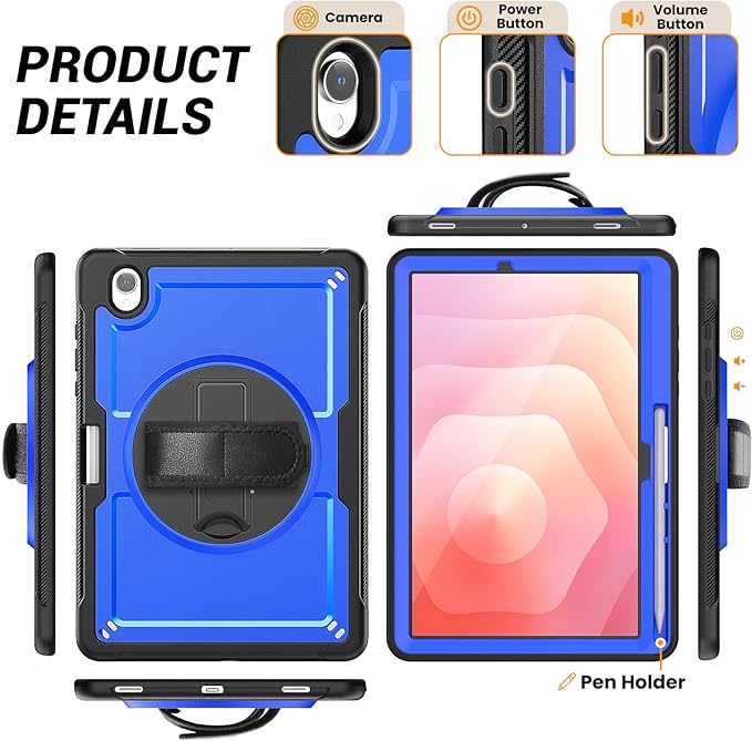 Case for Samsung Galaxy Tab S10 Lite / S10 FE / S9 FE 5G / S9 Tablet Case 10.9''/ 11'' with Screen Protector Pen Holder 360°Rotate Hand Strap/Stand Shoulder Strap Blue