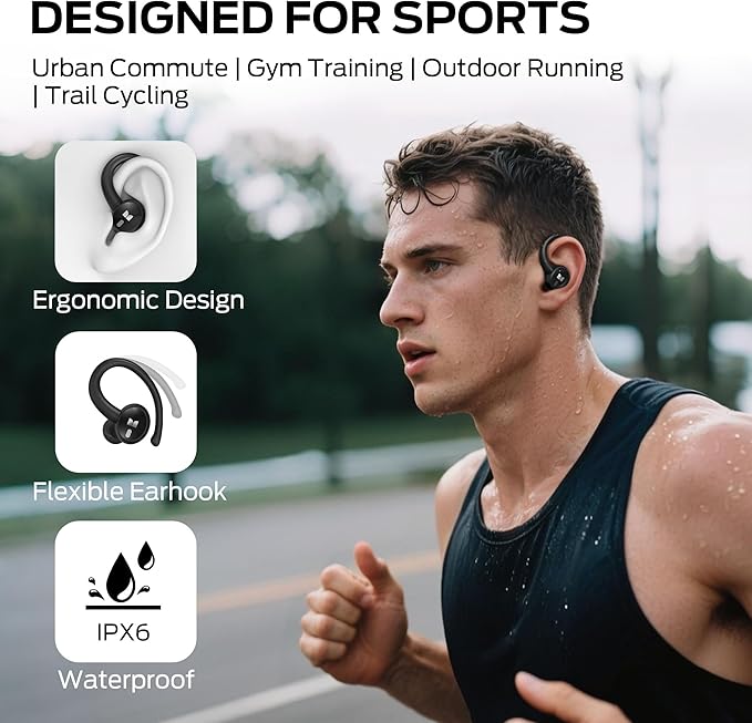Monster N-Lite 216 Wireless Earbuds Sports Earbuds with Earhooks Noise Cancelling Headset Stereo Deep Bass Over Ear Buds 48H Playtime IPX6 Waterproof Earphones for Sports/Running/Workout（Black）