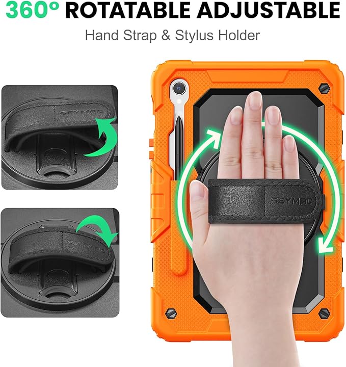 SEYMAC Case for Samsung Galaxy Tab S10 Lite/ S10 FE/ S9 FE/ S9 5G (10.9''/11'') Heavy Duty Shockproof Protective Case with Screen Protector Rotating Stand Hand Strap and Pen Holder Orange