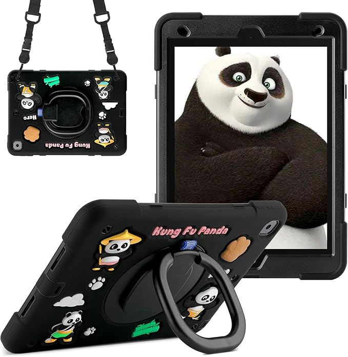 Case for iPad 9th/8th/7th Generation iPad 10.2 Inch 2021/2020/2019 Funny Cartoon Silicone 3D Panda Design Kids Case Heavy Duty Protection with Stand/Pencil Holder/Shoulder Strap