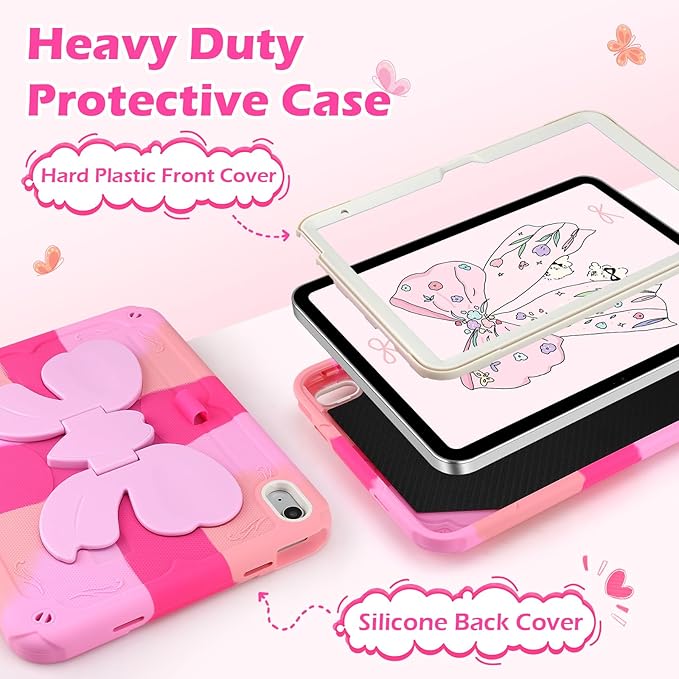 VOFUOE for iPad A16 Case 11th Generation 2025 11 Inch for iPad 10th Generation Case 2022 10.9 Inch for Kids Girls with Sweet Bow Stand Shoulder Strap Pencil Holder Hard Protective Cover-Hot Pink