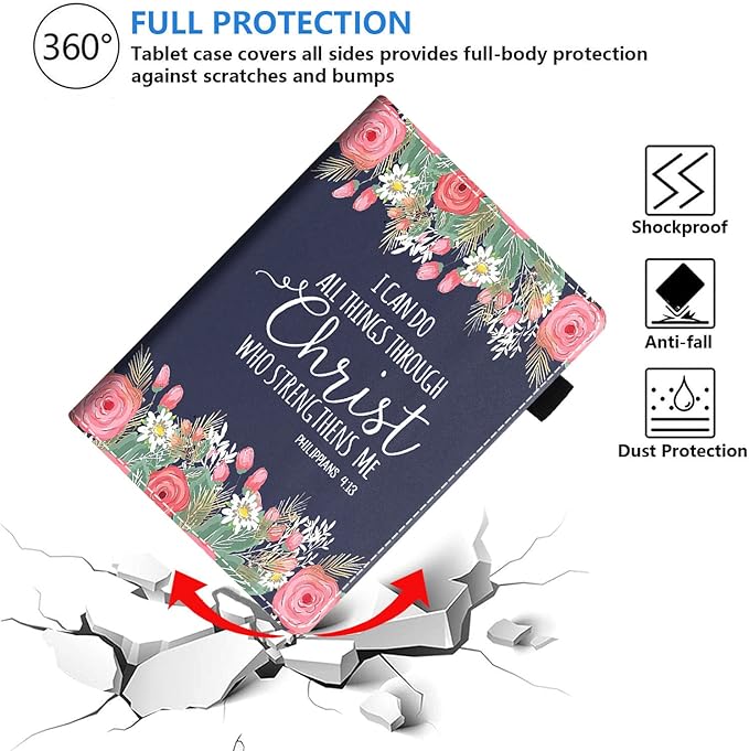 Case for Amazon Kindle Fire HD 8 &amp Fire HD 8 Plus Tablet (12th/10th Gen 2022/2020 Release) Premium PU Leather Stand Cover with Smart Auto Wake Floral Quote Bible Verse Philippians 4:13