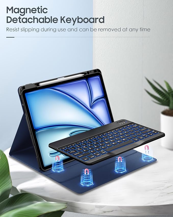 MoKo for iPad Air 13 Inch Case with Keyboard (M4 2026/ M3 2025/M2 2024) iPad Pro 12.9 inch (5th/6th Gen) Case with 7 Colors Backlit Pencil Holder Multi-Angle Detachable Bluetooth KeyboardNavy Blue