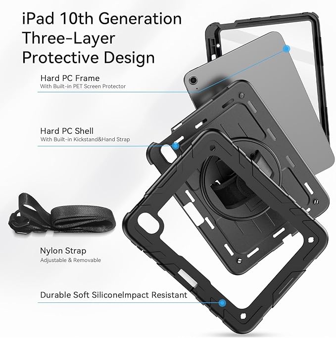 Case for iPad 10th Generation 10.9inch 2022with Built-in Screen Protector and KickstandHand StrapShoulder Strap for New Apple iPad 10.9 Inch - Black