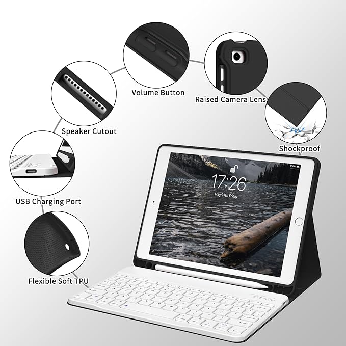 kenke for iPad 6/5th Generation Case with Keyboard 9.7 Inch 2018/2017 iPad Air 2/1 Detachable Wireless Bluetooth iPad Keyboard Case with Built-in Left Side Pencil Holder Auto Wake/Sleep (Black)