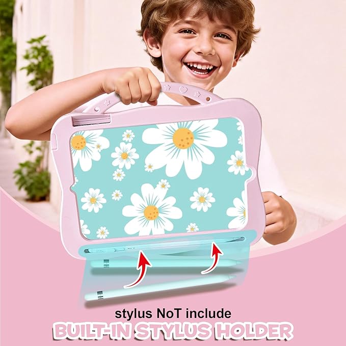 Case for iPad Air 11-inch M4 (2026) / M3 (2025) / M2 (2024) iPad Air 5th/4th 10.9 inch(2022/2020) Full-Body Shockproof Kids Case for Pencil Holder &amp Adjustable Shoulder Strap Smiley Flower