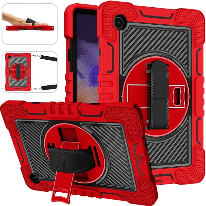 Case for Samsung Galaxy Tab A8 10.5 inch Tablet 2022 (SM-X200/X205/X207) with Hand Strap &amp Shoulder Strap [360° Rotating Kickstand] Hard Rugged Shockproof Swivel Stand Cover Red + Black