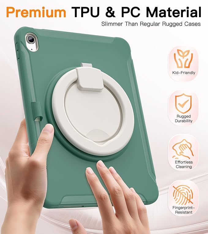 BATYUE Shockproof Case for iPad 10th Gen 10.9 2022 / 11th Gen (A16) 11 2025 | 360° Multi-Angle Stand (Portrait &amp Landscape) &amp Grip Built-in Screen Protector Pencil Holder Jade Green